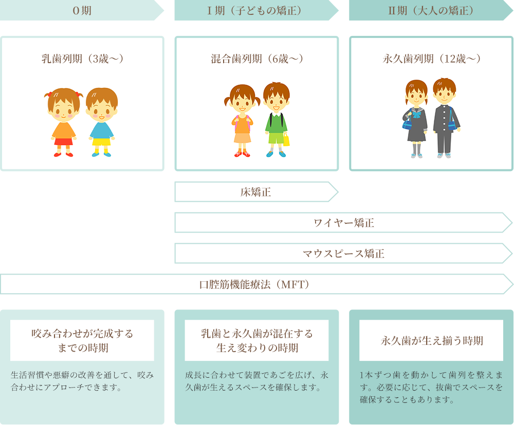 ０期　乳歯列期（3歳～）、咬み合わせが完成するまでの時期
						Ⅰ期（子どもの矯正）　混合歯列期（6歳～）乳歯と永久歯が混在する生え変わりの時期
						Ⅱ期（大人の矯正）　永久歯列期（12歳～）
